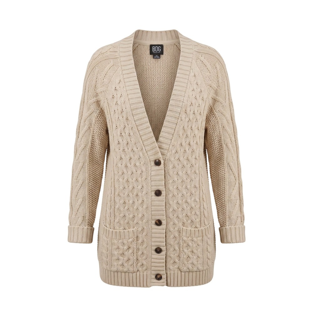 BDG Cardigan Sweater‎ Cream Cable Knit Button Front V-Neck - L